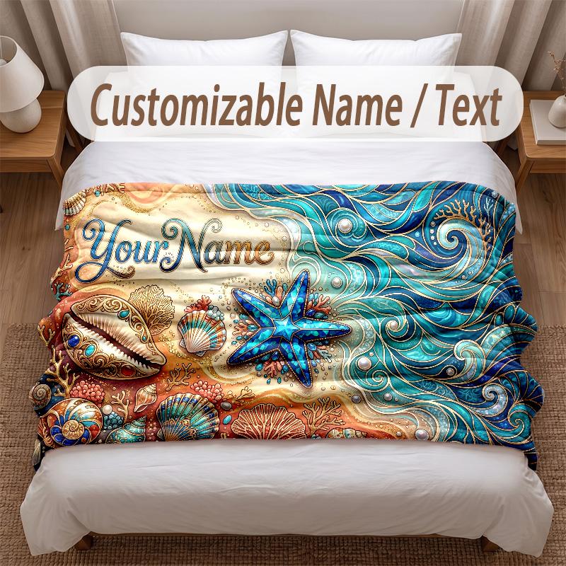 Fish Ocean Theme Soft Blanket Personalized Custom Name Text Print Warm Blanket Home Sofa Bedroom Decor