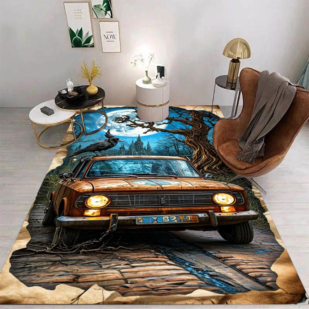 3D Halloween Rundown Car Skeleton Horror Scene Carpet Retro Rundown Car Living Room Carpet Home Decoration Gift