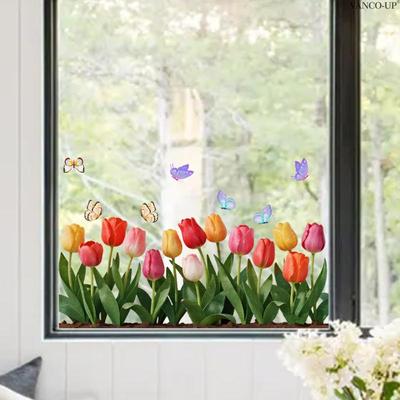 3D Tulpenblumen Fensteraufkleber Statisch Haftend Wasserdicht Blumiges Abziehbild Fenster Dekoration Für Zuhause Schlafzimmer Badezimmer Glas Dekoration