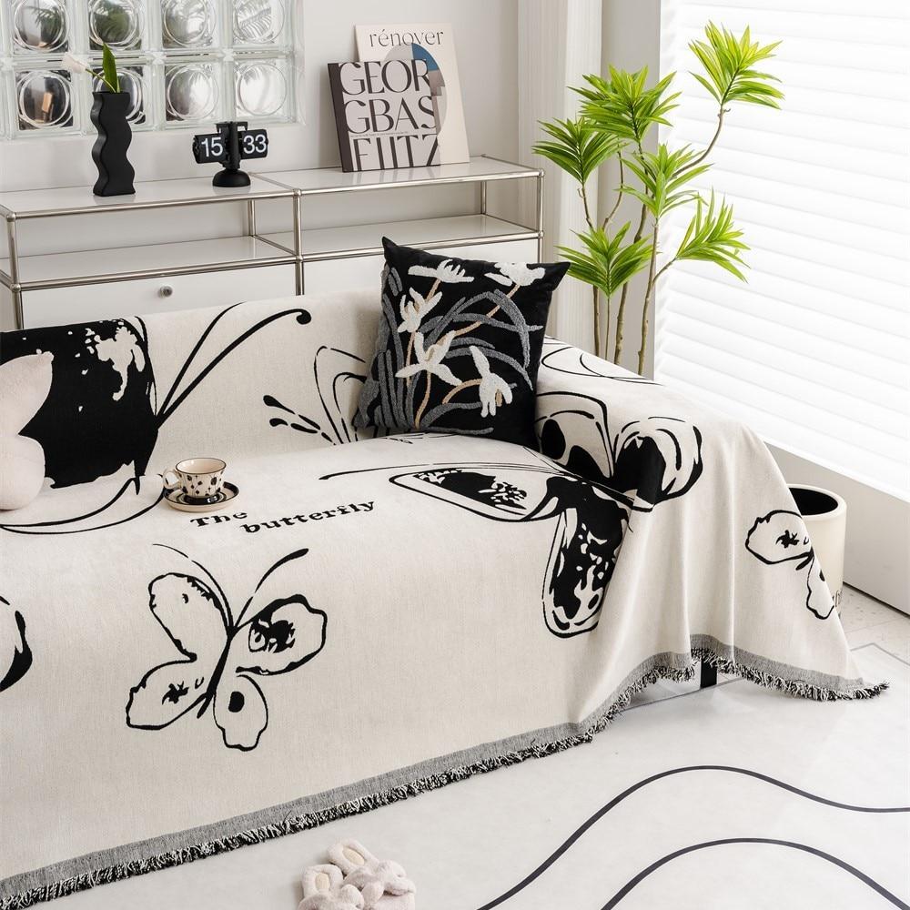 Nordic Butterfly Floral Print Soft Sofa Towel Blankets Outdoor Camping Picnic Large Blanket Leisure Towel White Travel Sofa Mat