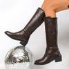 Simple Tall Boots Fashion Round Toe Spliced Leather Soft Sole Anti-Slip Wear-Resistant Block Heels