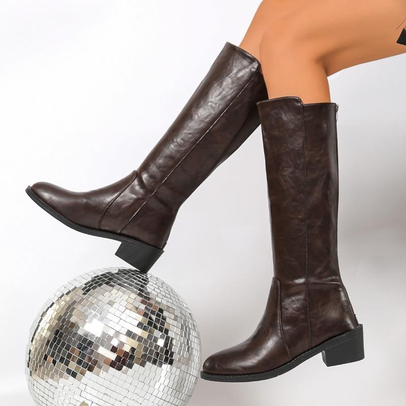 

Simple Tall Boots Fashion Round Toe Spliced Leather Soft Sole Anti-Slip Wear-Resistant Block Heels 35 коричневый