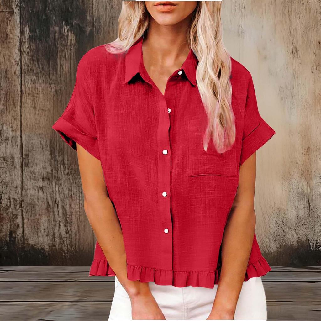 Women's Fashionable Loose-Fit Casual Shirt Button-Up Short-Sleeve Cotton-Linen Blend Top