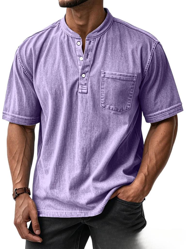 Men's Light Blue Short Sleeve Henley Shirt with Chest Pocket