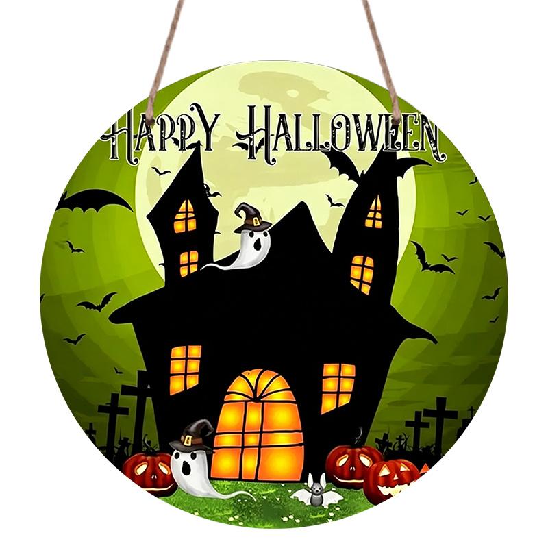 2D Flat Aluminum Decorative Plaques and Ornaments Sign, Halloween Hanging Wall Decor with Haunted Castle Ghost Pumpkin Design, Vintage Metal Sign for
