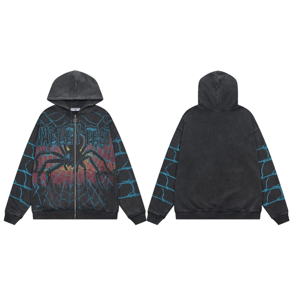 Trendy American Street Style Retro Distressed Letter Print Zipper Hooded Sweatshirt