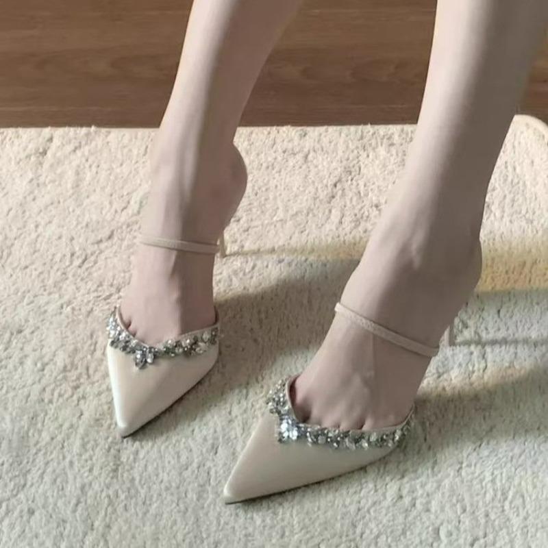 Elegant Woman  Silk Bling Crystal Rhinestone Pointed Toe Shallow Slingback Summer Sandals  Heels Pumps Slippers