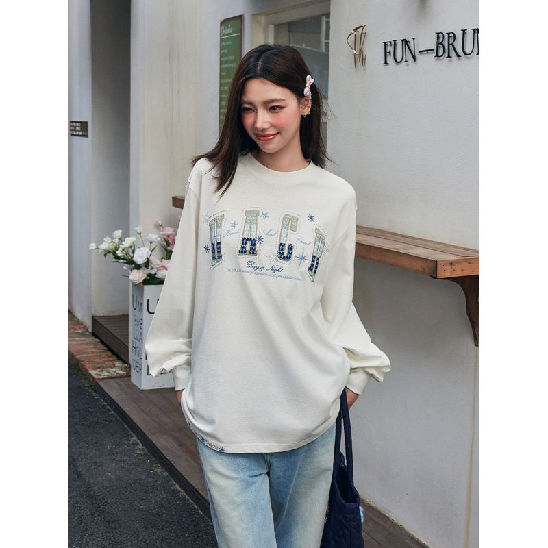 Hacr Ethnic Style Woven Patch Embroidered Long-Sleeved T-Shirt Early Autumn National Trend Loose Couple Wear T-Shirt for Men and Women