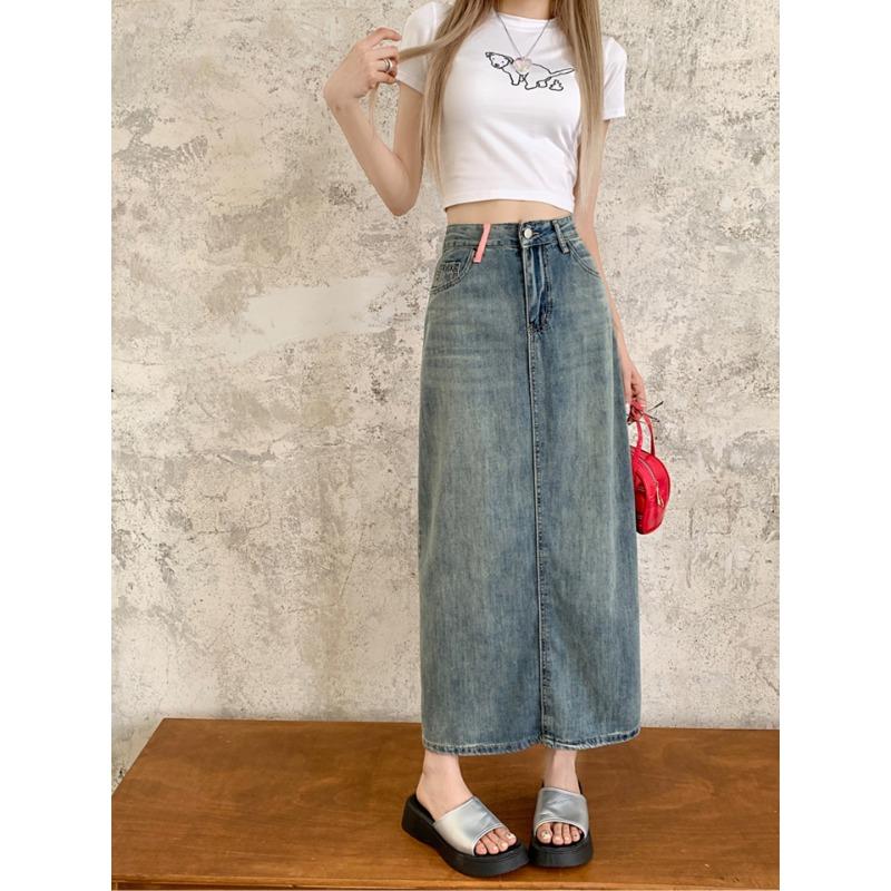 Spring and Summer Women's High-waisted Denim Half-body Skirt Tassel Split Middle Skirt A-line Skirt
