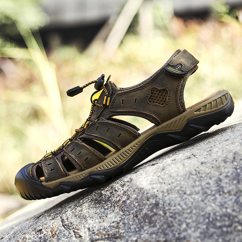 FashionGenuine Leather Men Sandals Anti-collision Toe Summer Shoes Outdoor Water Flats Quick Dry Wading Aqua Shoes Man Non-Slip Sandals