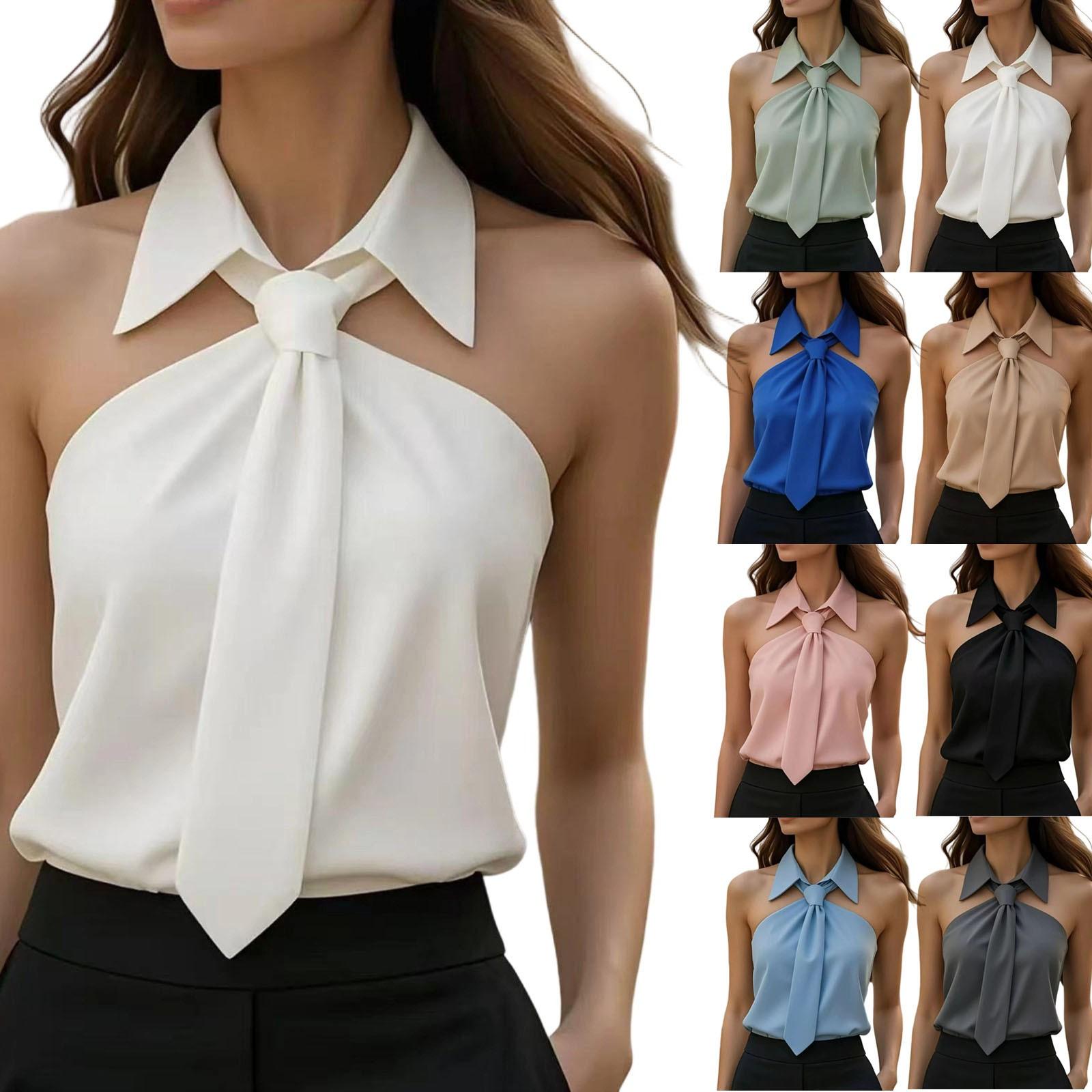 

Women Turn-Down Collar Sleeveless Shirt Summer Solid Fashion Tank Casual Beach Vacation Tops S білий