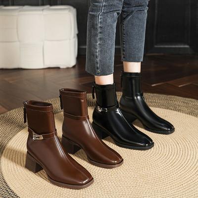 High-heeled Short Boots Women's 2024 New Autumn and Winter Thick-heeled Women's Boots Slim Mid-tube Fashion Boots Brown French Short Boots