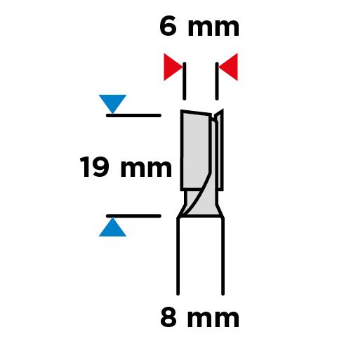 Two-flute end mill, HM, 6 x 19 mm, 8 mm shank