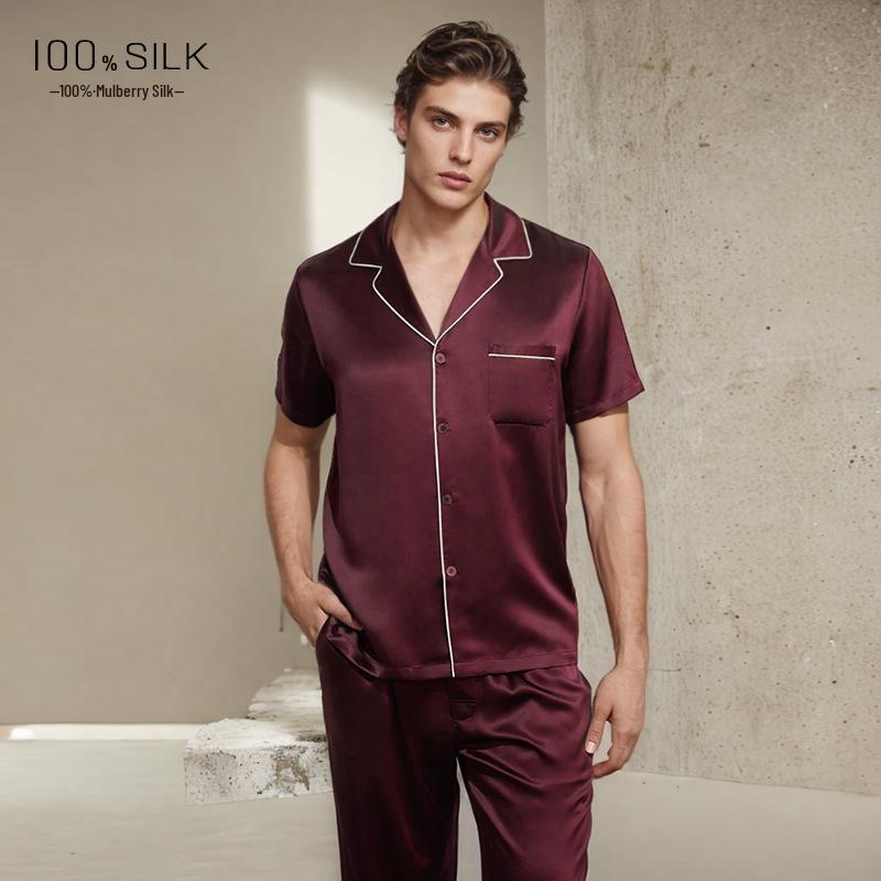 

Men s 19 Momme Silk Pajamas: Short Sleeve & Long Pants Set - 100% Mulberry Silk for Indoor & Outdoor Wear XXL