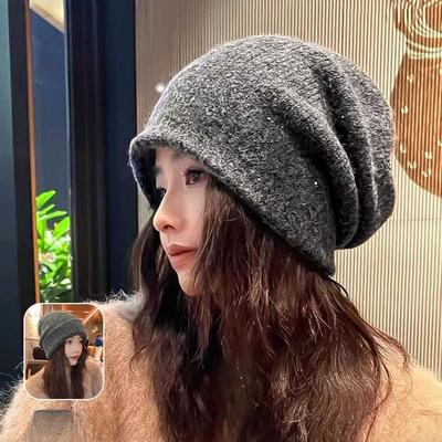Autumn and Winter Lazy Style Sequins Thick Piles of Hats Korean Versatile Windproof and Warm Pull Out Hat Casual Face Showing Small Cold Hat