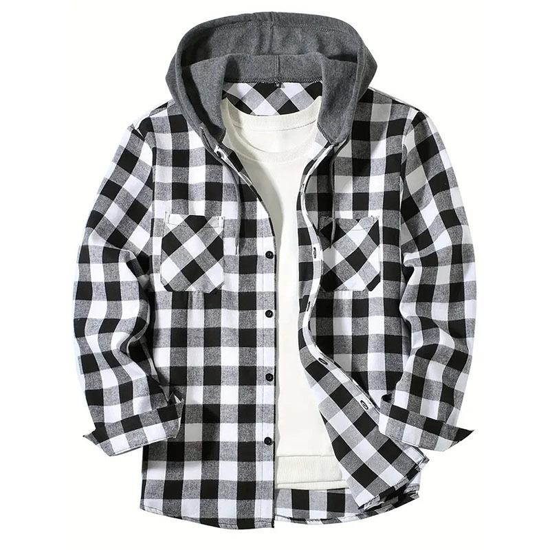 Camicia con Cappuccio a Quadri Rossi e Neri Trendy da Uomo - Capo Esterno Casual a Vestibilità Larga per Primavera & Autunno 2026