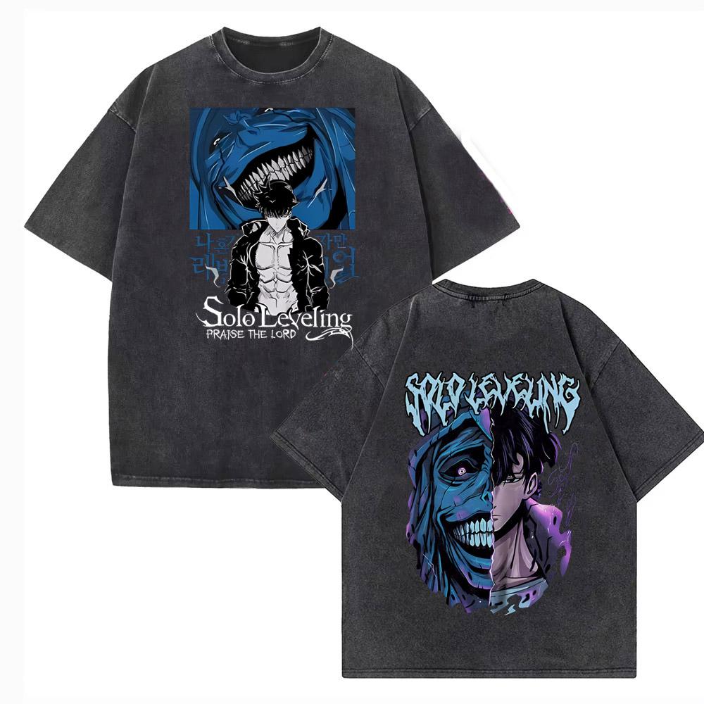 Vintage Washed Japanese Anime Solo Leveling T Shirt Men Sung Jinwoo Cartoon Harajuku Short Sleeve High Quality Cotton Tshirt