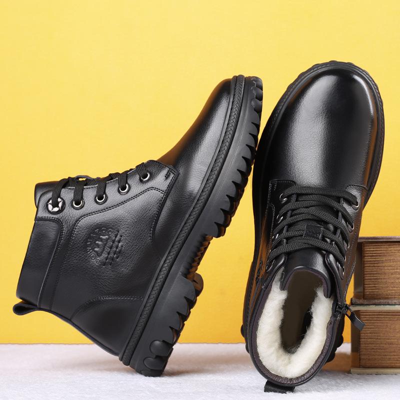 Winter New High-top Wool Men's Cotton Shoes Velvet Warm Outdoor Boots Genuine Leather Men's Shoes Extra Large Size Leather Shoes