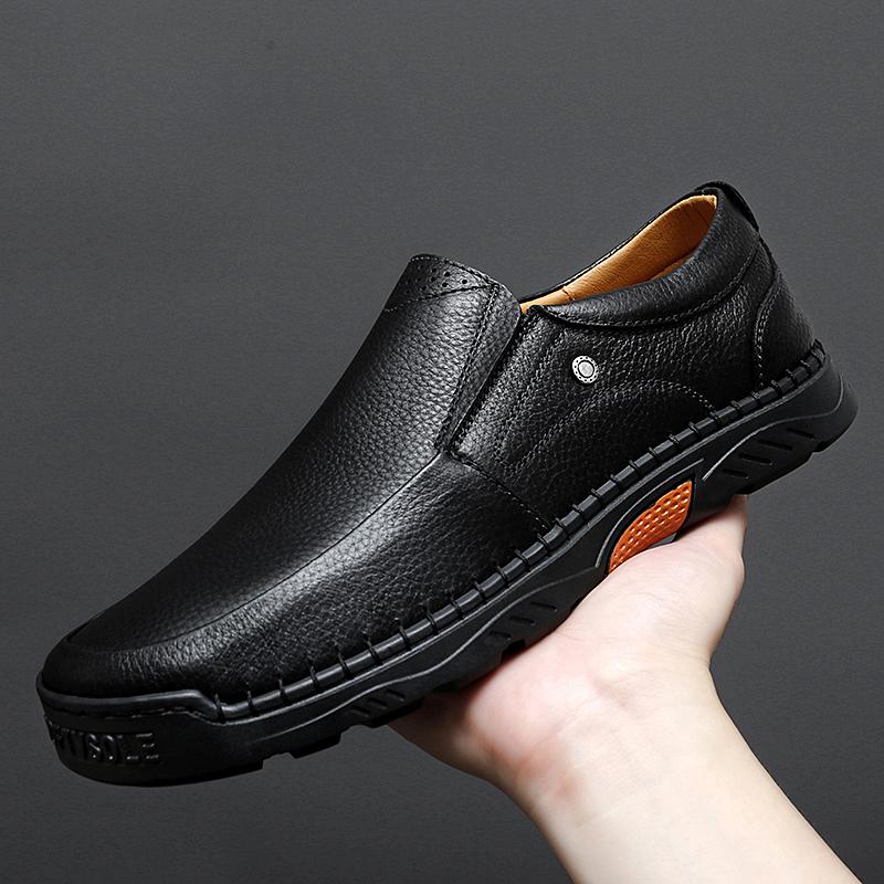 Fashion Genuine Leather Cow Work Mens Shoes Handmade Soft Cow Leather Casual Men Loafers Fashion Thick Sole Male Footwear Black Brown