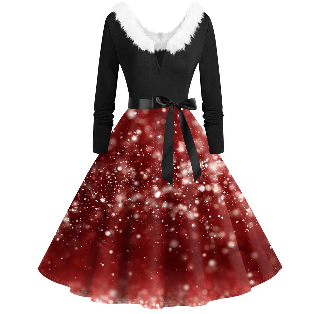 Women's Fashion V-Neck Casual Slim Christmas Printed Long Sleeve Hair Collar Dresses