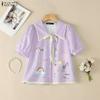 ZANZEA Women Lace Splice Turn Down Collar Casual Short Sleeve Print Blouse