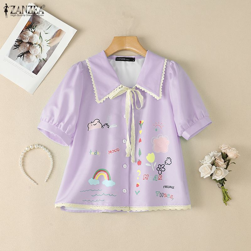 ZANZEA Women Lace Splice Turn Down Collar Casual Short Sleeve Print Blouse