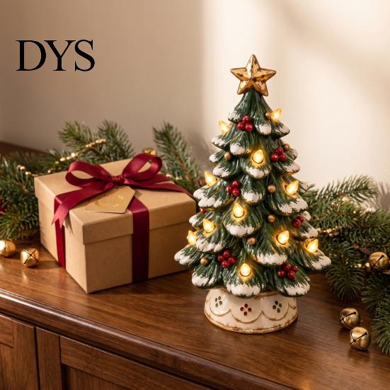 Portable Bedside Decorative Light Lighted Christmas Tree Tabletop Decor, Resin LED Artificial Xmas Ornament Branch with Warm Glow, USB Powered Holiday