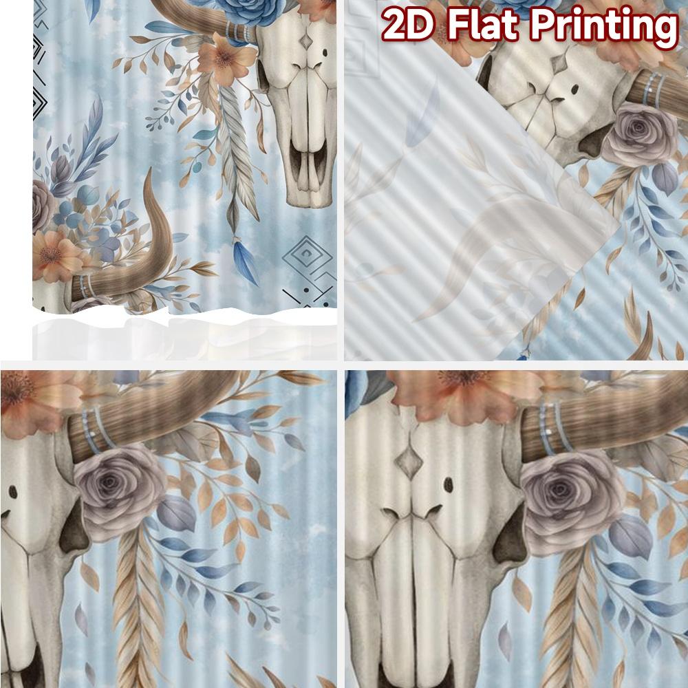 2D FLAT PRINTING 2pcs Curtains (Without Rod) Floral Bull Skull Design Popular Fashionable Curtains Versatile Durable Polyester