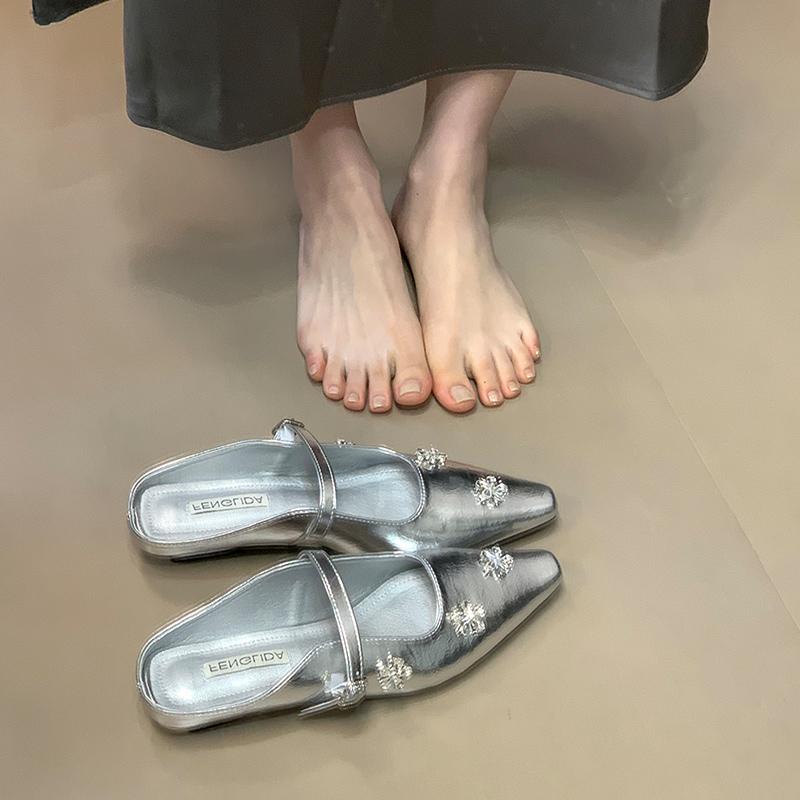 

Lan Cabinet, Korean version of single shoes, spring and summer new low-heeled commuter bag head half-drag one-word belt outer bag head slippers 40 серебряный