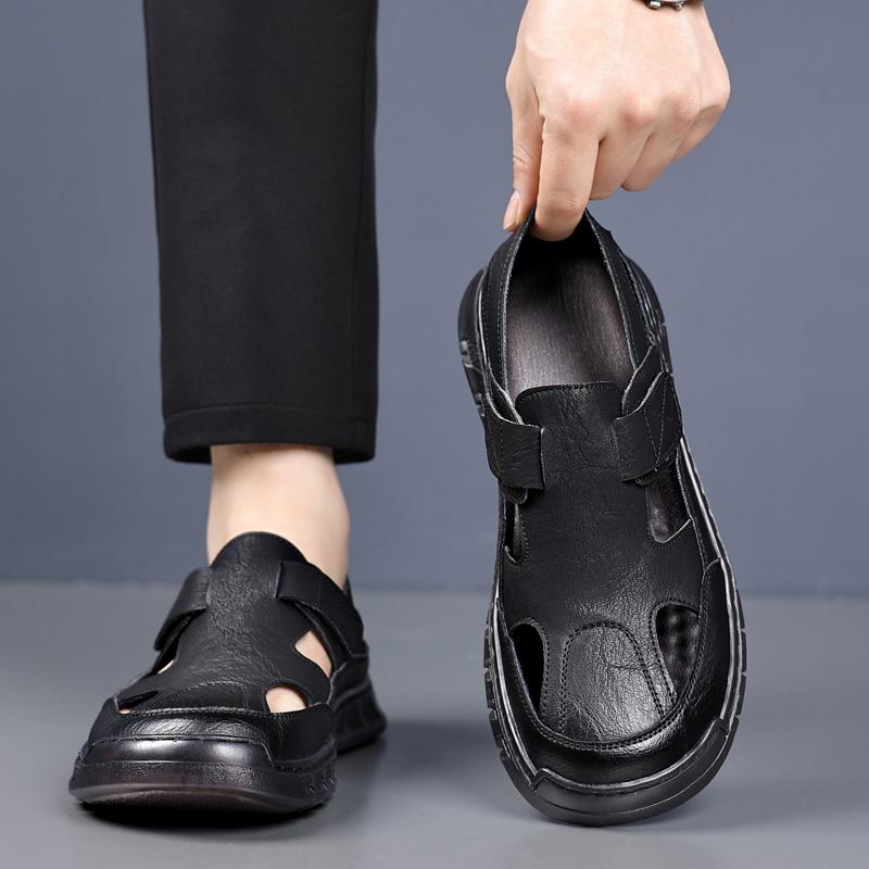 Fashion High Quality Genuine Leather Men's Summer Hollow Breathable Hole Shoes Fashionable Outdoor Men's Casual Toe Cap Sewn Sandals