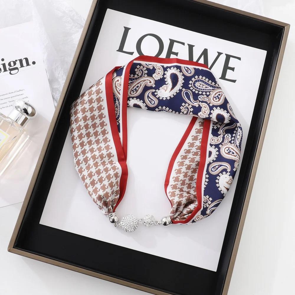 Fashion Magnet Buckle Neckerchief Solid Silk Scarf Women Skinny Headband Hand Wrist Bag Scarves Print Necklace Accessories