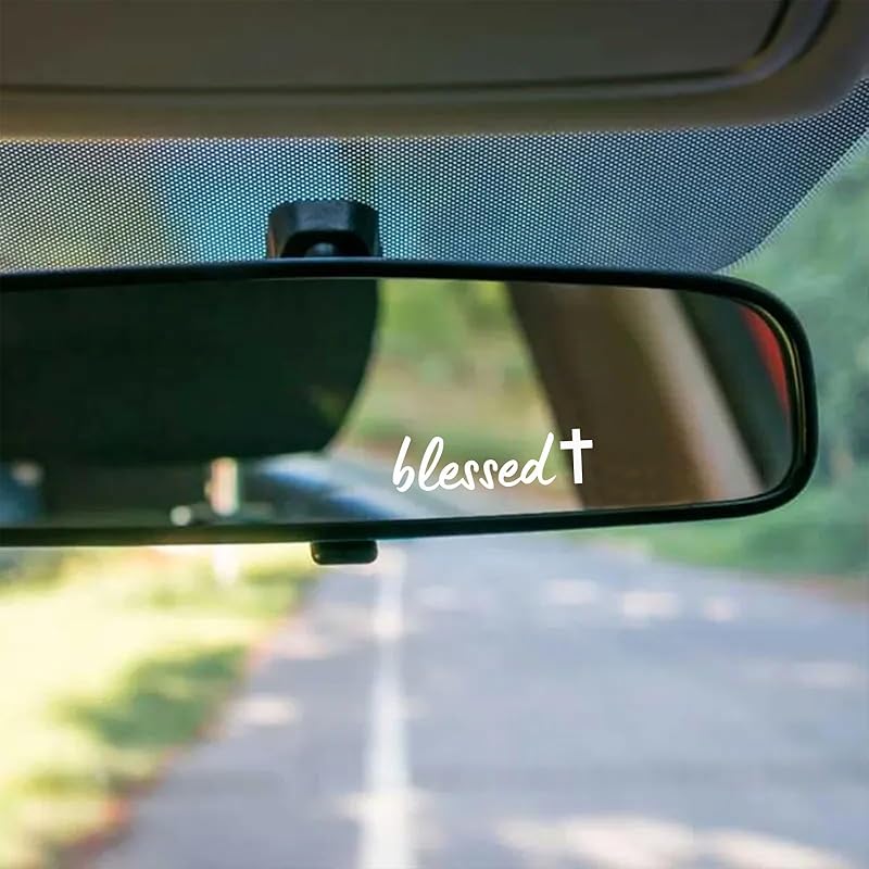 Rear View Mirror Sticker Set 3PCS Vinyl Message Decals for Car Interior Minimal Text Design Daily Reminder Gift for Drivers (White, Blessed +)