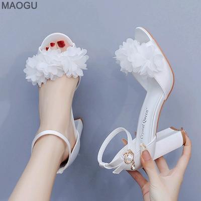 White Wedding Shoes Peep Toe Summer New Thick Heel Sandals Women's Roman Shoes Flower Open Toe Sandals Women Comfortable Dressy