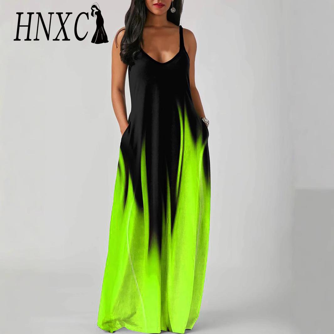 

HNXC Elegant Fashion Floor Length Sleeveless V Neck Simple Women Summer Retro Printed Loose Waist Straight Dress XXXXXL android зелений колір