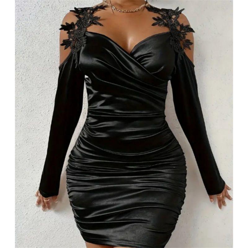 

Women Dress Ladies Party Skirt Gown Satin Elegant Lace Tight Skirt Draped Dress Black XL