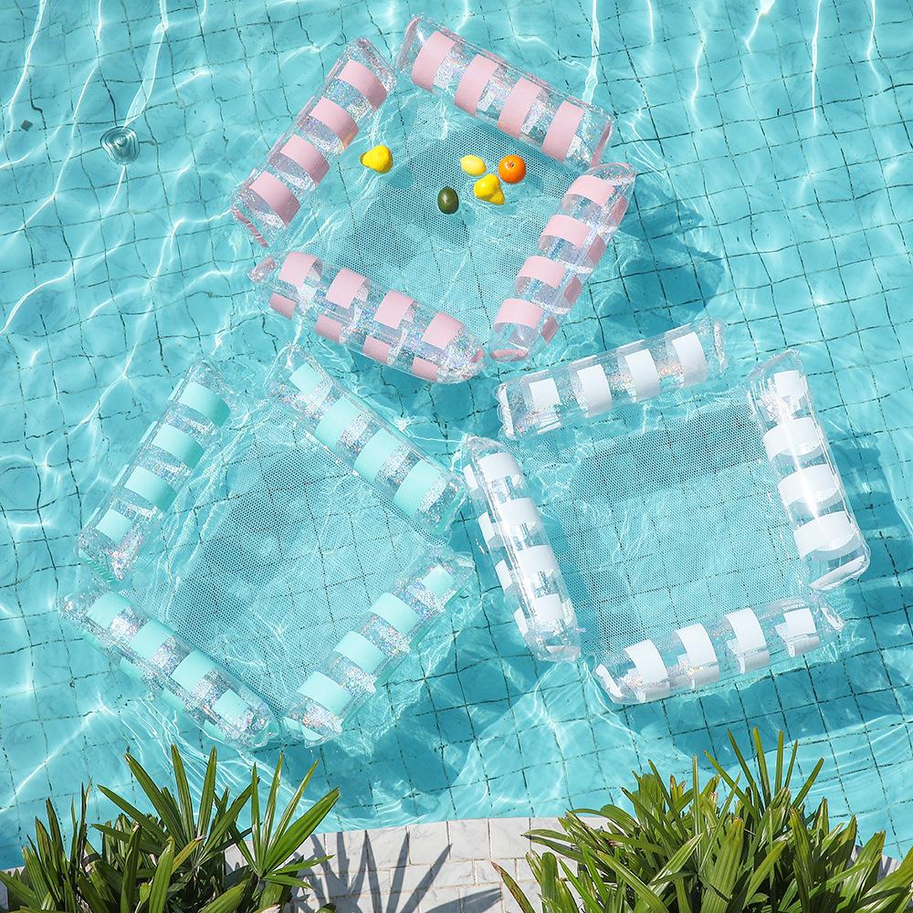 Inflatable Pool Float Lounge Chairs with Glitter Glitter Mesh Water Lounge Hammock Air Mattress Party Floating Bed
