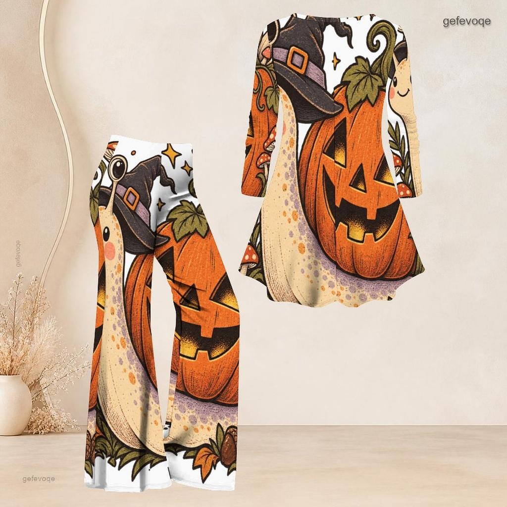 Women Plus Size Two Piece Set Round Neck Three Quarter Sleeve Bear Pumpkin Printed Flared Top And Flared Pants