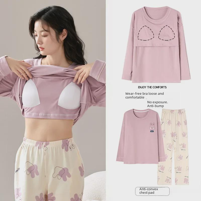 Women's Cartoon Long-Sleeve Pajamas with Chest Pads - Lightweight Home Loungewear for Autumn and Spring