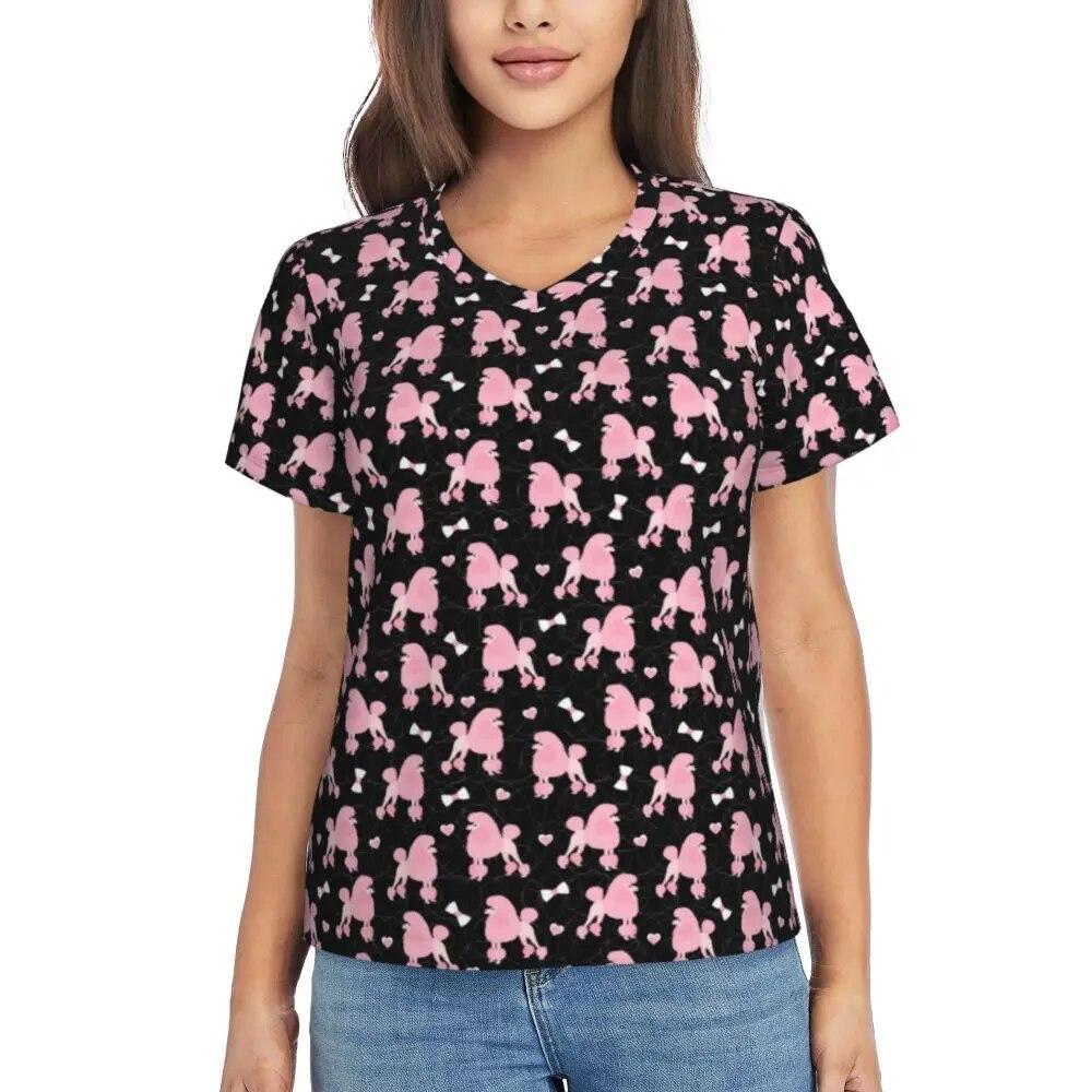 Cute Poodle Print T-Shirts Life Is Better V Neck Fashion Oversized T-Shirt Short Sleeve Woman Aesthetic Tshirt Design Top Tees