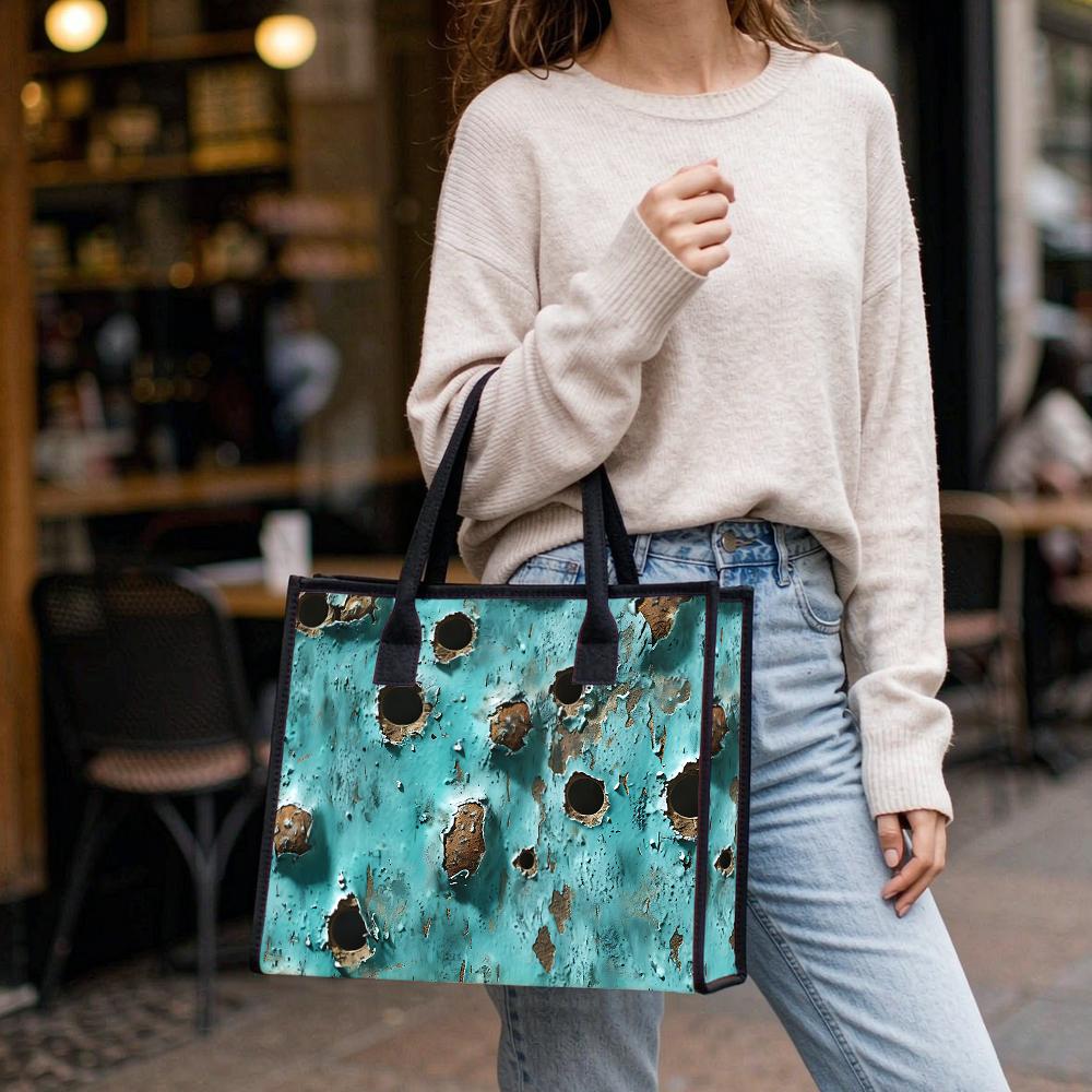 Vintage Rustic Turquoise Tote Bag Large Capacity Casual Daily Shoulder Handbag for Women Outdoor Shopping Commute