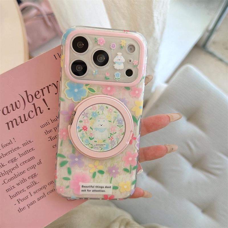 Kawaii Floral Puppy Ring Stand Phone Case For iPhone 15 16 17 Pro Max INS Cute Pink Glitter Clear Shockproof Protective Cover