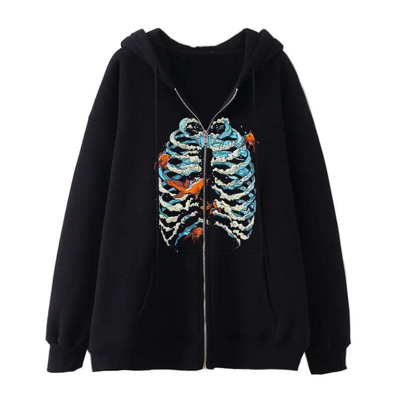 Cross-border new product spot skull wings hooded zipper sweater women's fleece thickened loose sports cardigan sweater women's