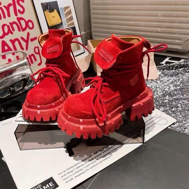 

[Fanfna] Rhubarb boots cashmere leather short boots platform Martin boots trendy cool British tooling boots western cowboy boots 40 червоний