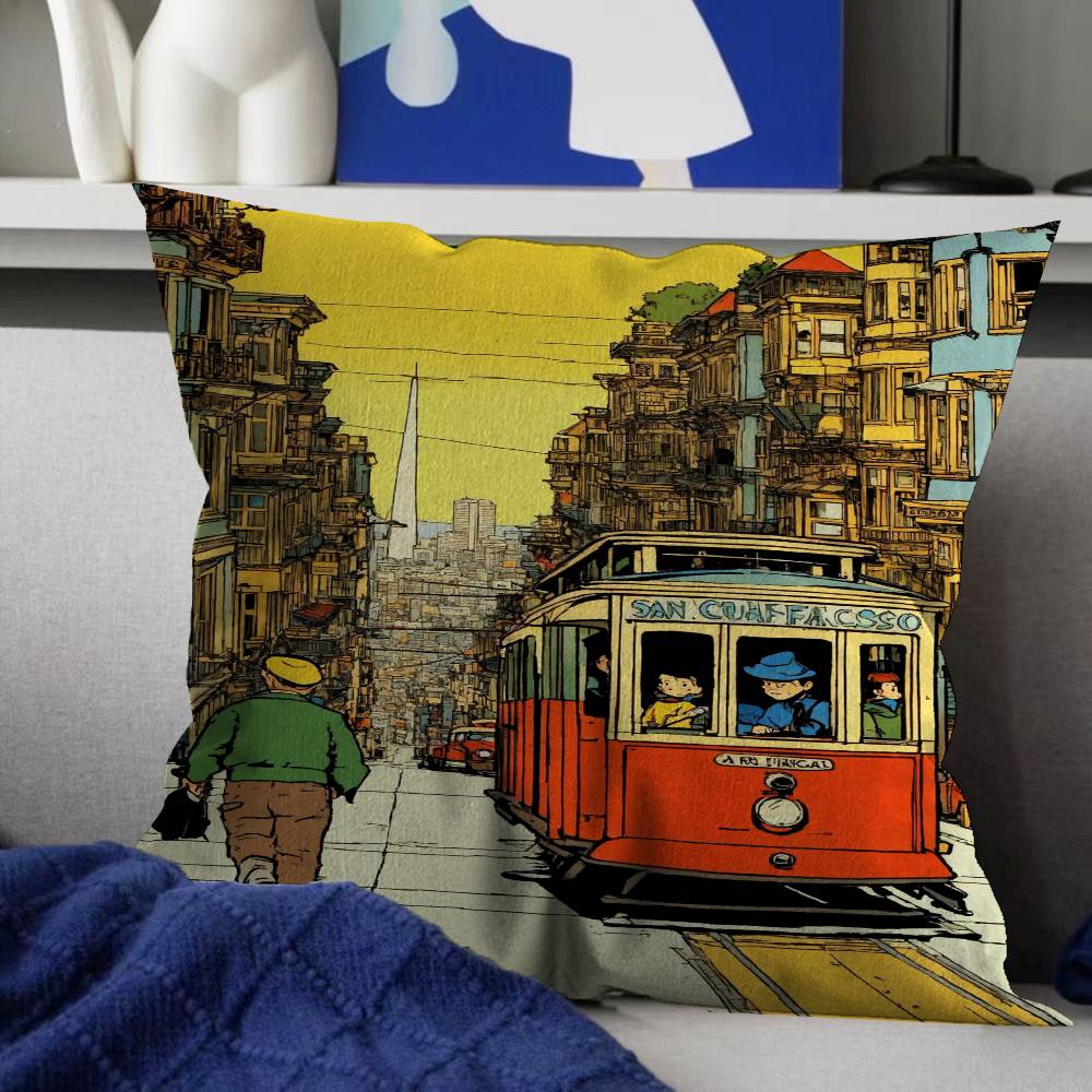 Retro Japanische Landschaft Leinwanddruck Asiatische Eisenbahn Personalisierte Kissenhülle Kinderzimmer Wilde Party Dekor Kissenbezug