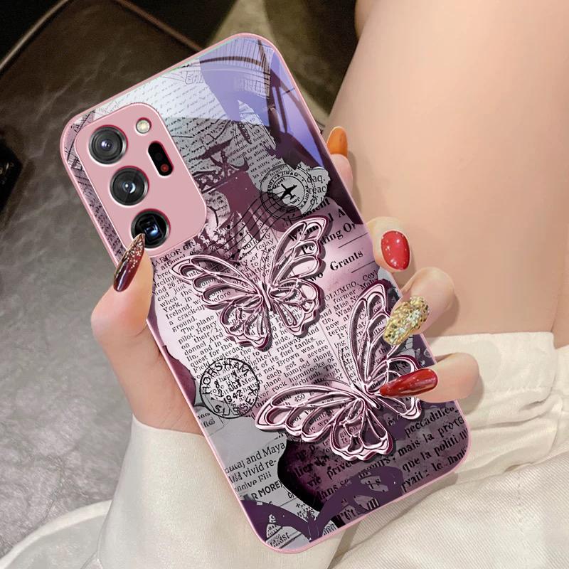 Vintage Schmetterling für Samsung Galaxy Note 8 9 10 PRO 20 Ultra A01 02 03 Core 04E 4G 12 13 5G Gehärtetes Glas Handyhülle