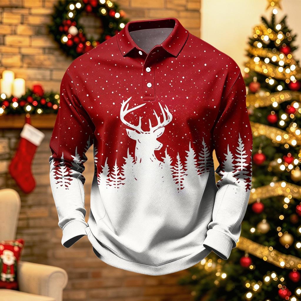Men's Casual Quick-Dry Mesh Golf Shirt Long Sleeve Top with Christmas Print