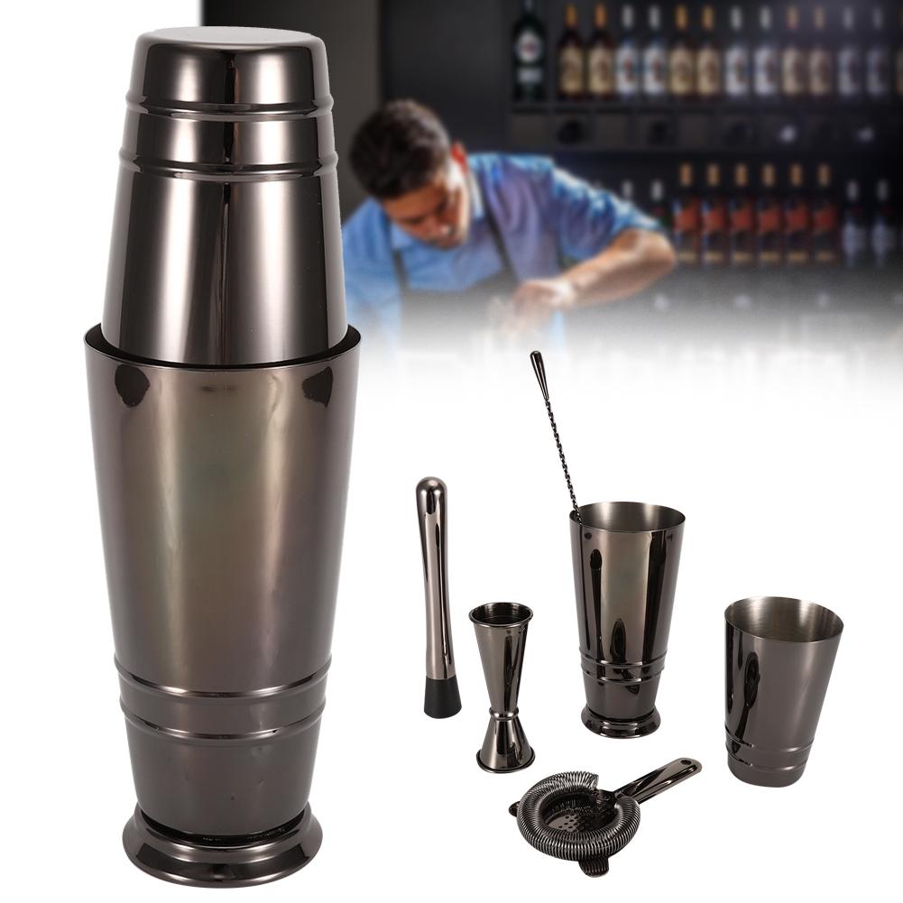 5Pcs/Set Black Stainless Steel Boston Cocktail Shaker Measuring Cup Strainer Mixing Spoon Set