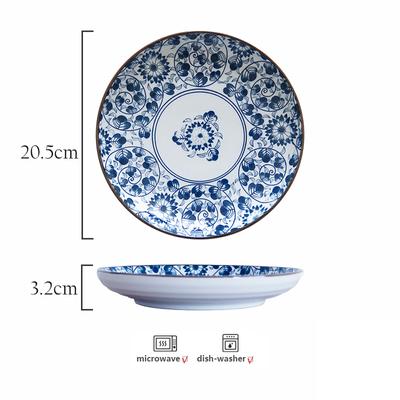 8 Inch Japanese Dinner Plate Blue and White Ceramic Dinner Dishes Lotus Orchid Design Dinnerware Steak Pasta Dishes
