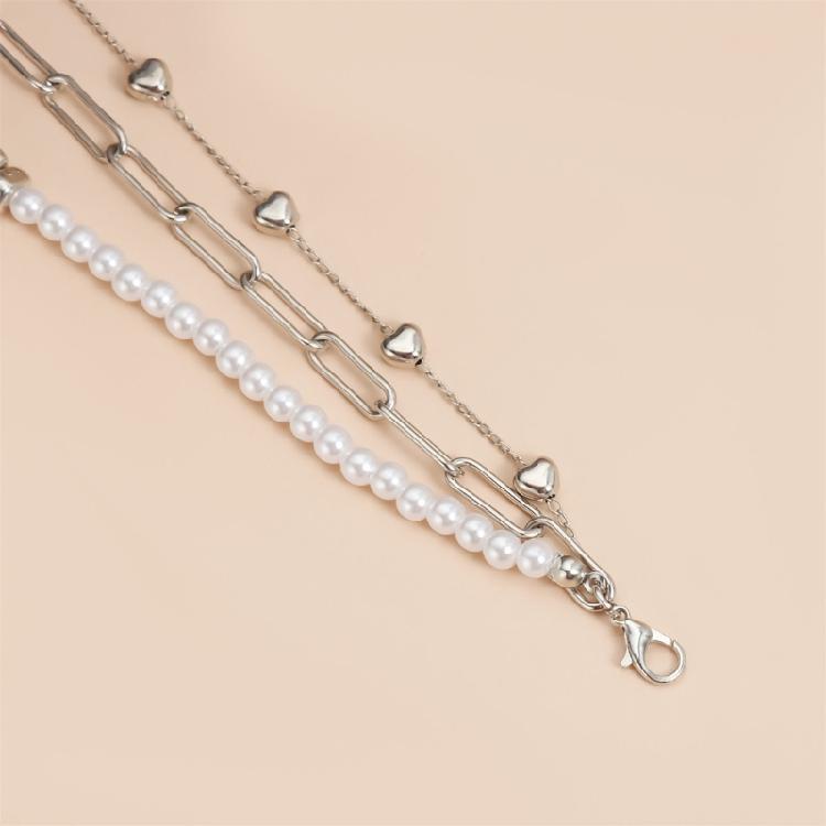 Unique Asymmetrical Heart Designs Faux Pearls Accent Necklace Alloy Material Lightweight Jewelry Gift For Her