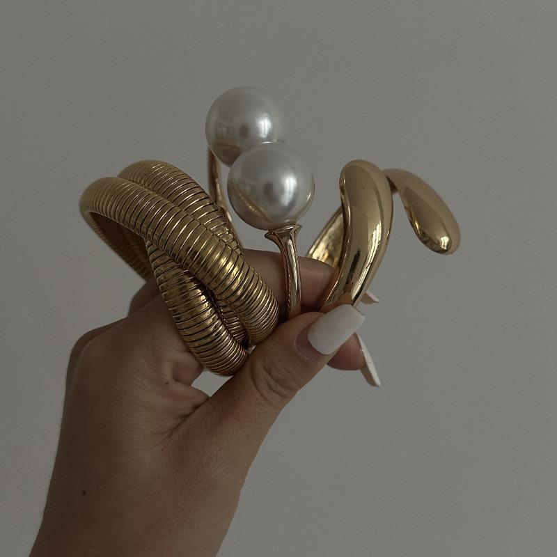 Fashion Trend Open Bracelet, Metal Texture Pearl Design Bracelet Set